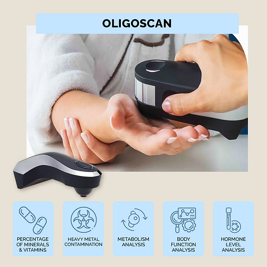 Picture of an Oligoscan tool used by the world famous Premier Holistic Dental in San Jose, Costa Rica.  The picture shows a dentist holding the Oligoscan over a patient’s hand, and using it to measure the heavy metals in a person’s body.